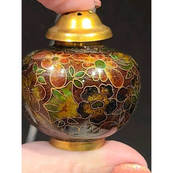 Cloisonné Open Salt Bowl Cellar Pepper Shaker Brown Flower Enamel Brass Stacking - Picture 2 of 8
